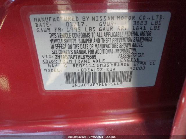 3N1AB7AP7HL675669 Nissan SENTRA SV