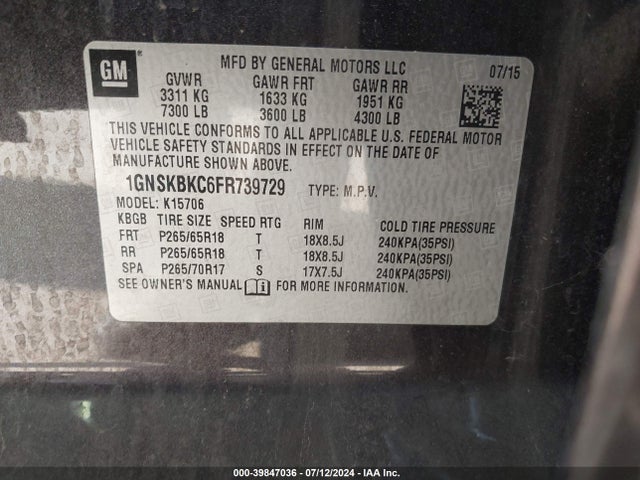 Chevrolet Tahoe Lt 2015 1GNSKBKC6FR739729 Image 9