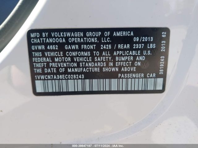 1VWCN7A36EC028243 Volkswagen Passat 2.0l Tdi Sel Premium