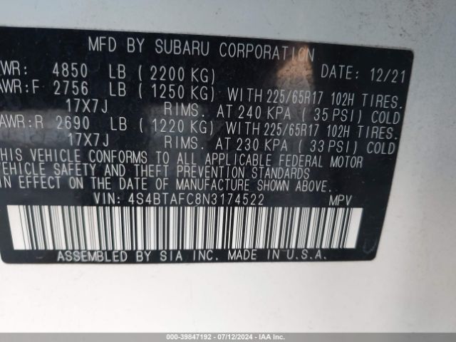 4S4BTAFC8N3174522 Subaru Outback Premium