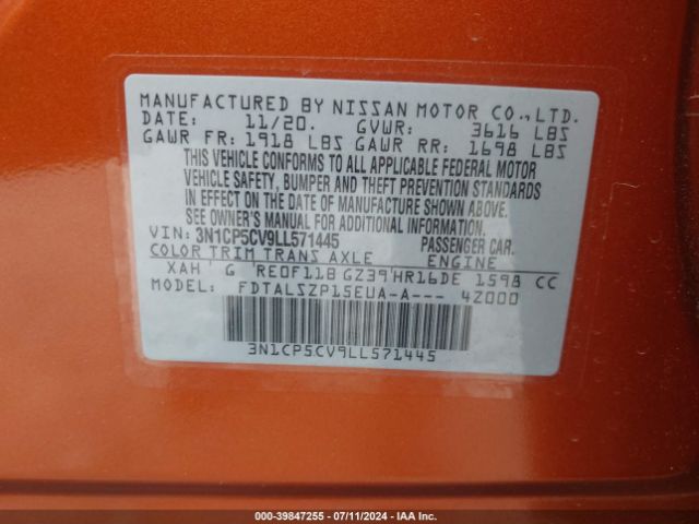 3N1CP5CV9LL571445 Nissan Kicks Sv Xtronic Cvt