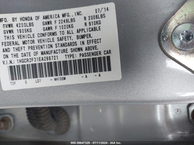 Honda ACCORD LX 2014 1HGCR2F31EA286721 Image 9
