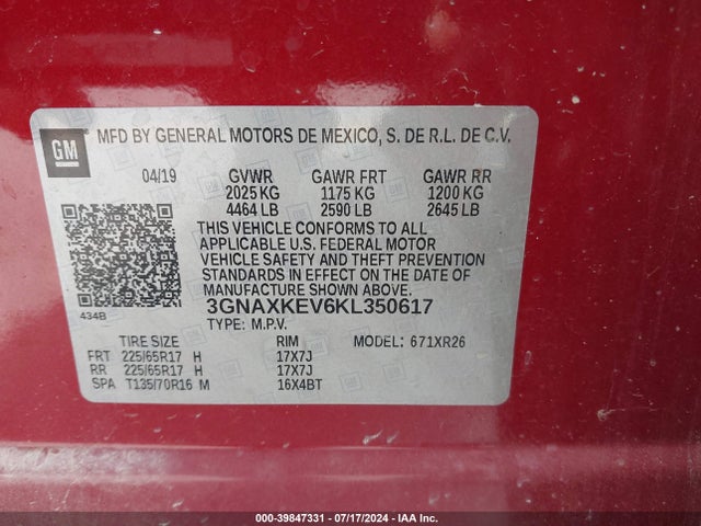 Chevrolet EQUINOX LT 2019 3GNAXKEV6KL350617 Image 9
