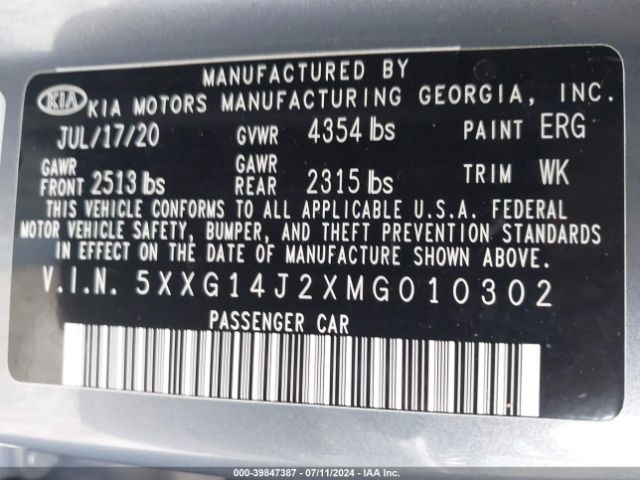 5XXG14J2XMG010302 KIA K5 LXS