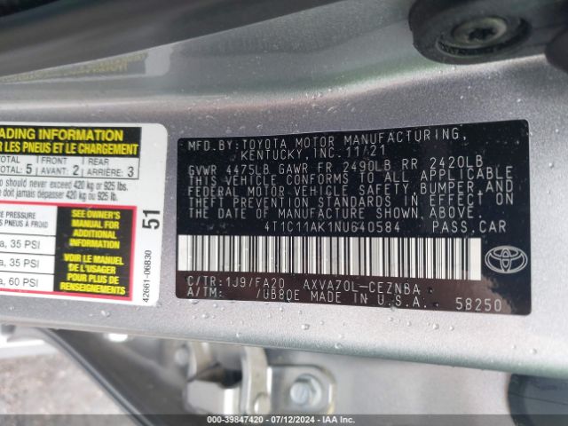 4T1C11AK1NU640584 Toyota CAMRY LE