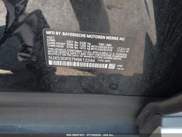 5UX53DP07N9K12244 BMW X3 Xdrive30i