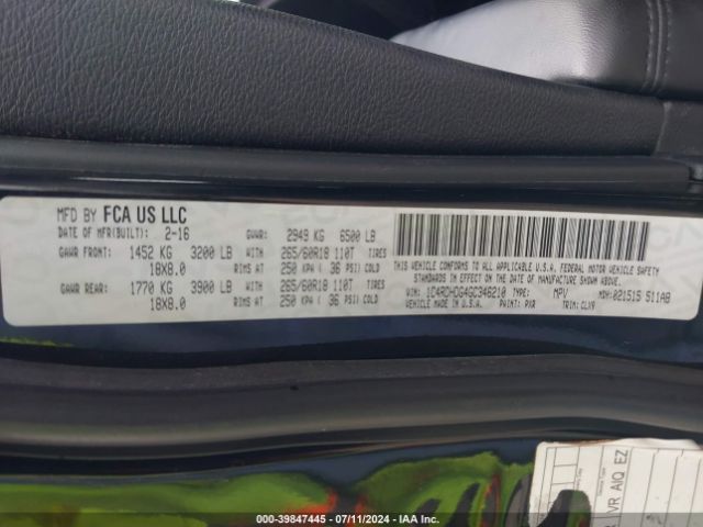 1C4RDHDG4GC346210 Dodge DURANGO LIMITED