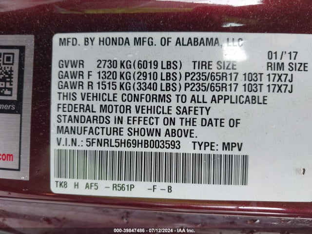 Honda Odyssey Ex-l 2017 5FNRL5H69HB003593 Image 9