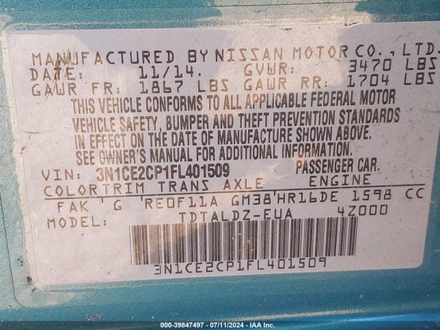 Nissan Versa Note S (sr)/s Plus/sl/sr/sv 2015 3N1CE2CP1FL401509 Image 9