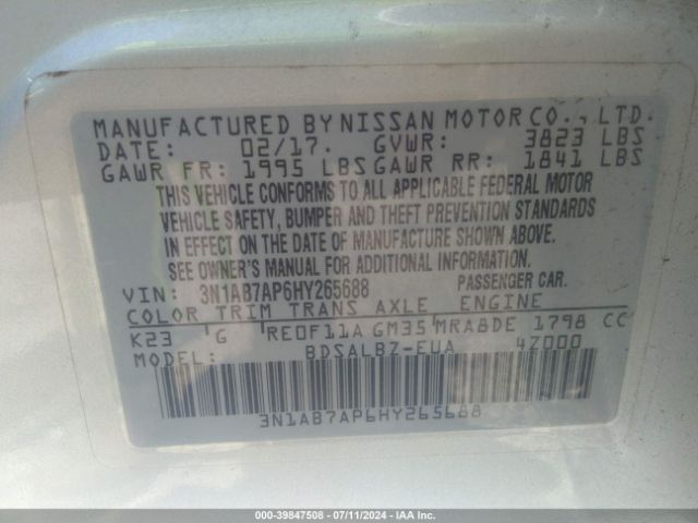 3N1AB7AP6HY265688 Nissan SENTRA S