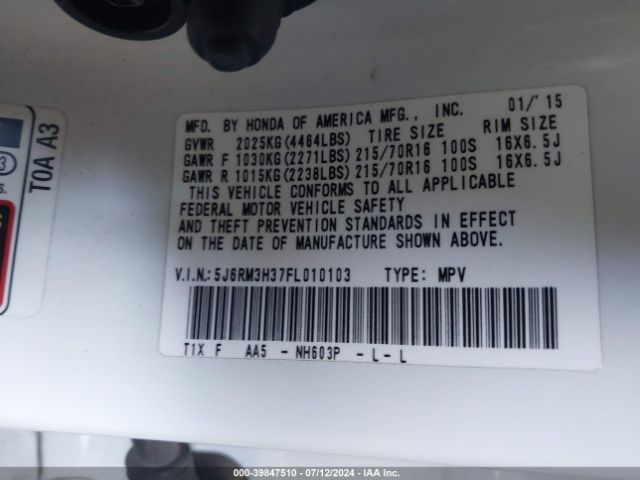 5J6RM3H37FL010103 Honda CR-V LX
