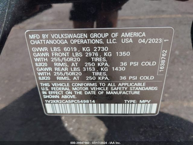 1V2KR2CA5PC549814 Volkswagen Atlas 3.6l V6 Se W/technology