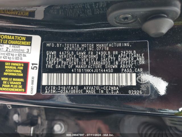 4T1B11HK4JU144450 Toyota CAMRY LE