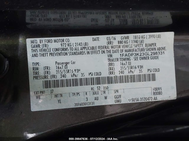 Ford FOCUS SE 2016 1FADP3K23GL298331 Image 9