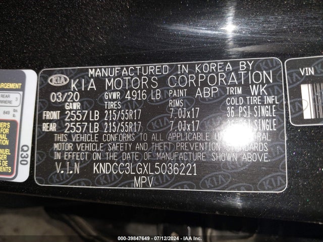 KNDCC3LGXL5036221 KIA Niro Ev Ex