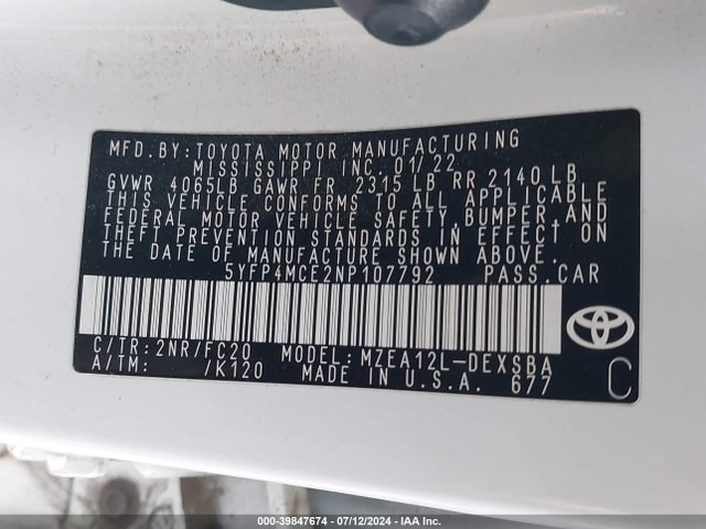 Toyota COROLLA SE 2022 5YFP4MCE2NP107792 Image 9