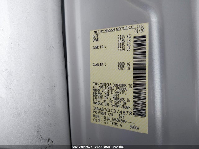 Nissan Maxima Sv Xtronic Cvt 2020 1N4AA6CV1LC374878 Image 9