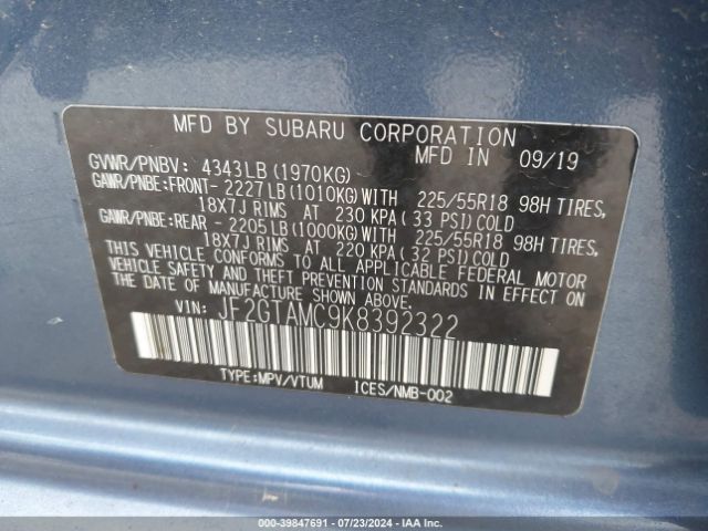 JF2GTAMC9K8392322 Subaru Crosstrek 2.0i Limited