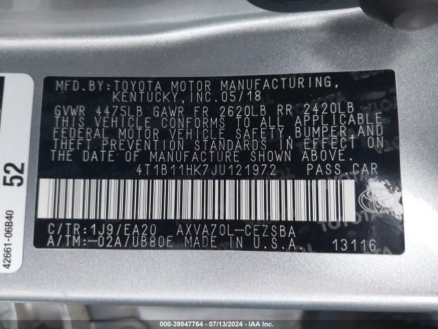Toyota CAMRY SE 2018 4T1B11HK7JU121972 Image 9