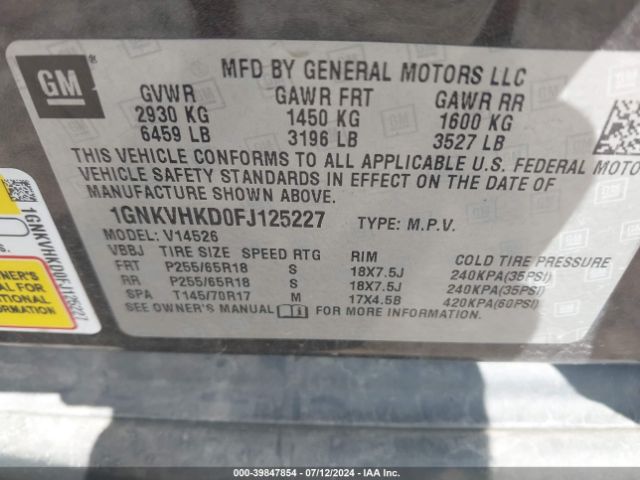 1GNKVHKD0FJ125227 Chevrolet Traverse 2lt