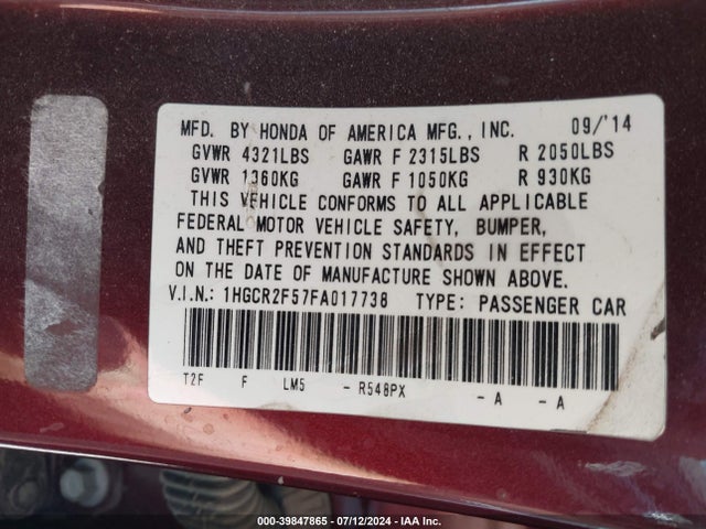 Honda Accord Sport 2015 1HGCR2F57FA017738 Image 9