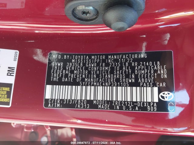 Toyota COROLLA LE 2022 5YFEPMAE4NP391105 Image 9