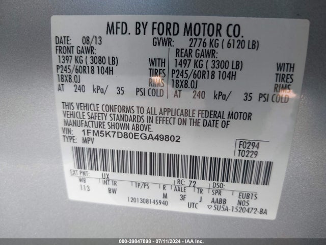 Ford EXPLORER XLT 2014 1FM5K7D80EGA49802 Image 9