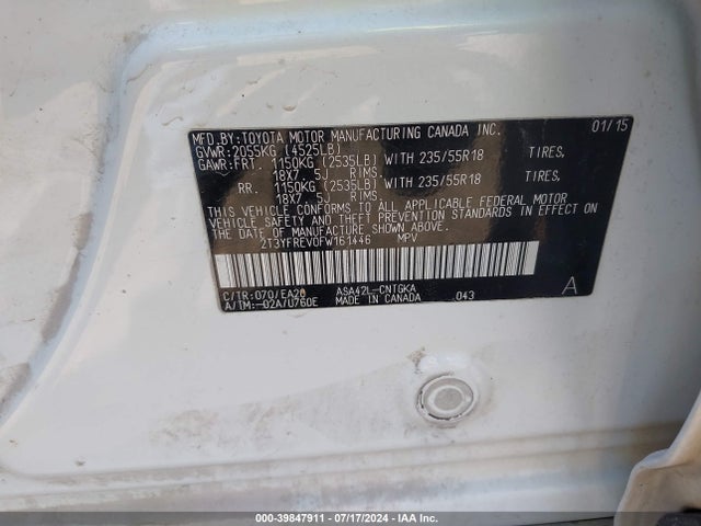 2T3YFREV0FW161446 Toyota Rav4 Limited