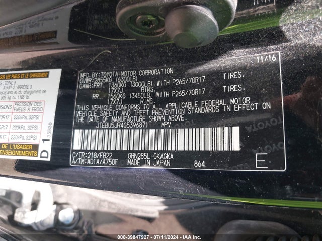 Toyota 4RUNNER SR5 2016 JTEBU5JR4G5396871 Image 8