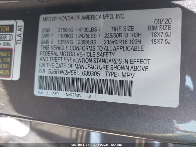 Honda Cr-v Awd Ex 2020 5J6RW2H58LL039305 Image 9