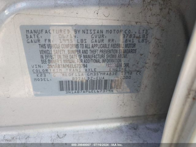 3N1AB7AP6EL673794 Nissan Sentra Fe+ S/fe+ Sv/s/sl/sr/sv