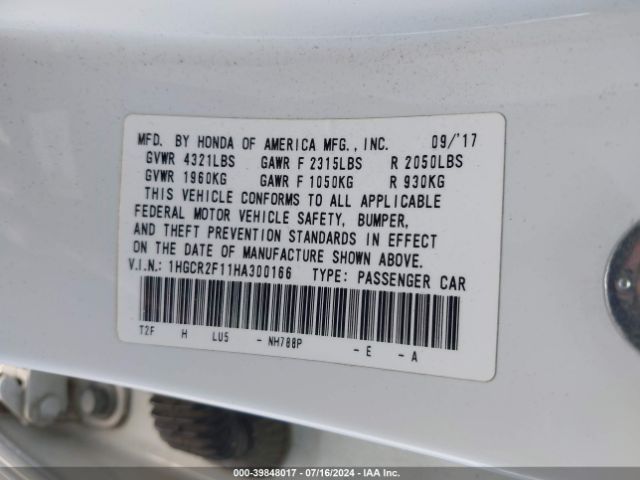 1HGCR2F11HA300166 Honda Accord Sport Se