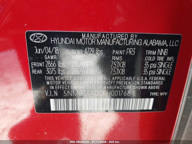 5NMS33AD2KH001768 Hyundai Santa Fe Sel Plus
