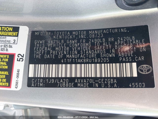 Toyota CAMRY XLE 2024 4T1F11AK8RU189205 Image 9