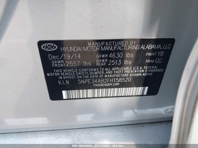 Hyundai Sonata Limited 2.0t 2015 5NPE34AB2FH158520 Image 9