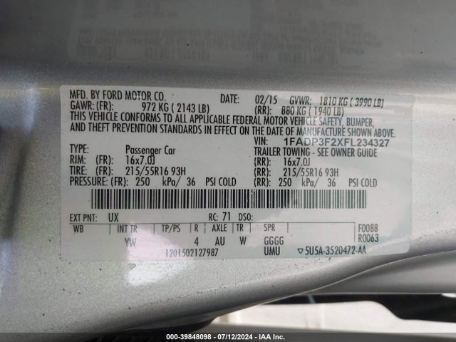 1FADP3F2XFL234327 Ford FOCUS SE