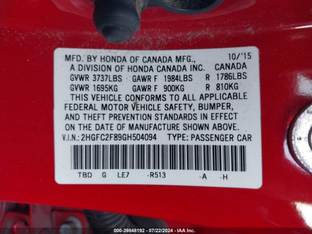 2HGFC2F89GH504094 Honda CIVIC EX