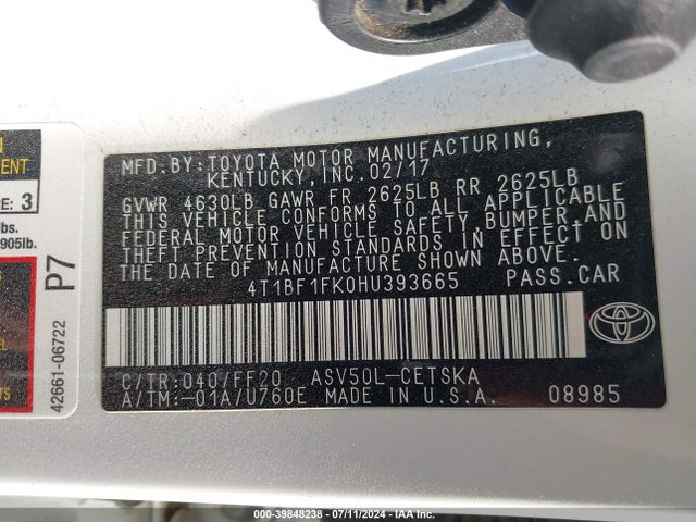 Toyota CAMRY SE 2017 4T1BF1FK0HU393665 Image 9