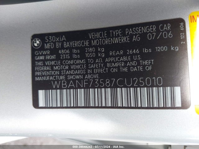 39848243 :رقم المزاد ، WBANF73587CU25010 vin ، 2007 Bmw 530xi مزاد بيع