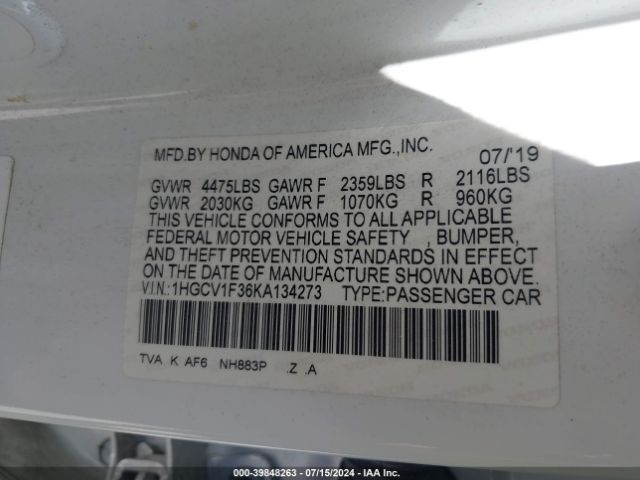 1HGCV1F36KA134273 Honda Accord Sport