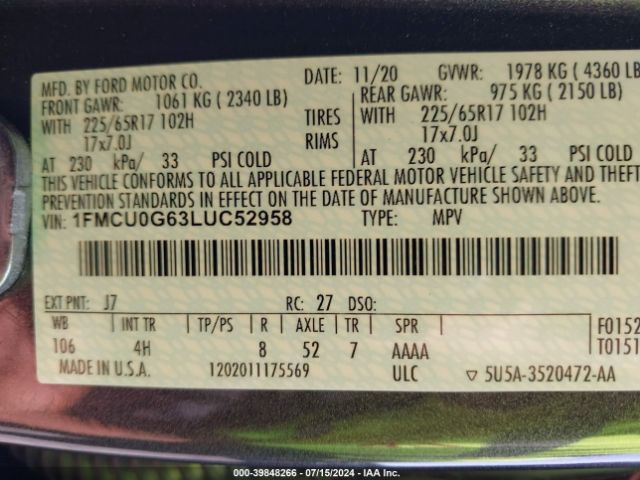 2020 FORD ESCAPE 1FMCU0G63LUC52958 Photo 8