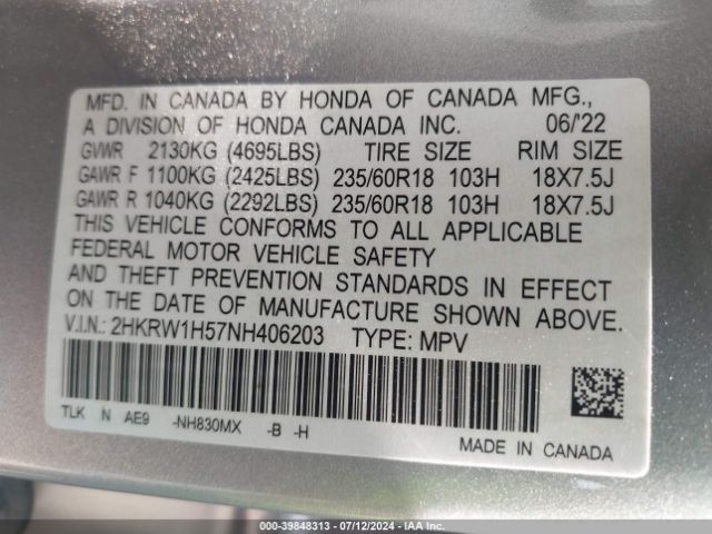 2HKRW1H57NH406203 Honda Cr-v 2wd Ex