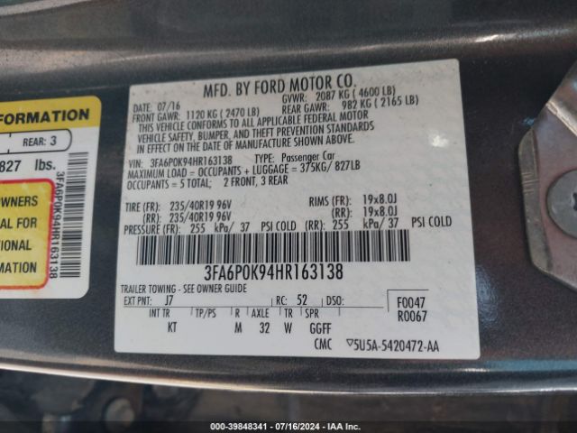 3FA6P0K94HR163138 Ford Fusion Titanium