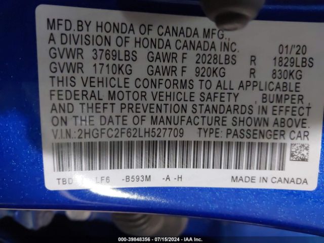 2HGFC2F62LH527709 Honda Civic Lx