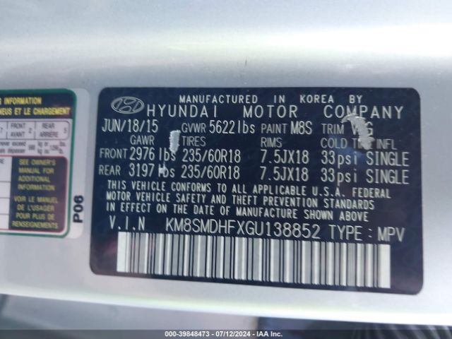 KM8SMDHFXGU138852 Hyundai Santa Fe Se