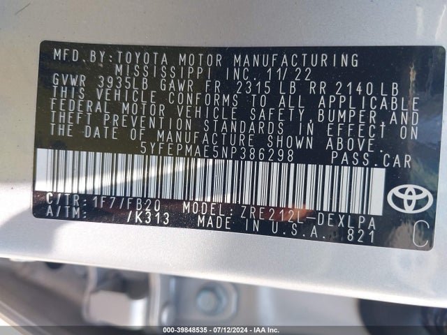 Toyota COROLLA LE 2022 5YFEPMAE5NP386298 Image 9
