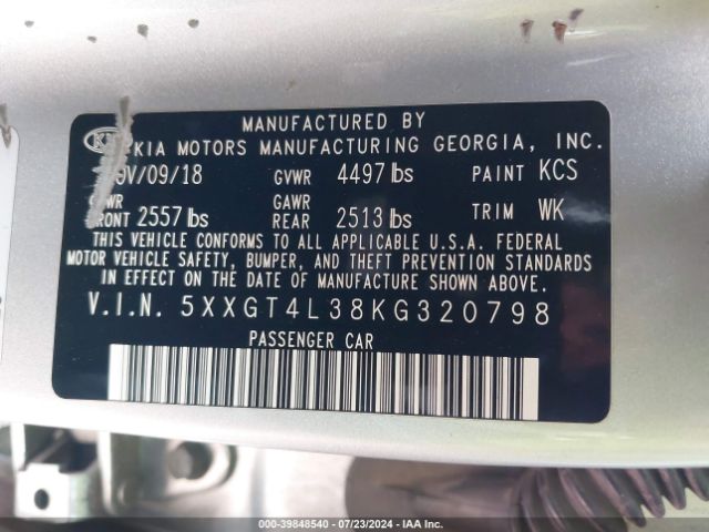 5XXGT4L38KG320798 KIA Optima Lx