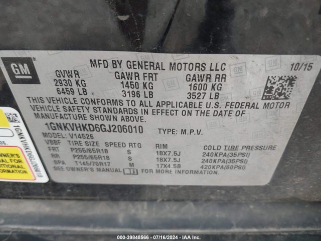 Chevrolet Traverse 2lt 2016 1GNKVHKD6GJ206010 Image 9