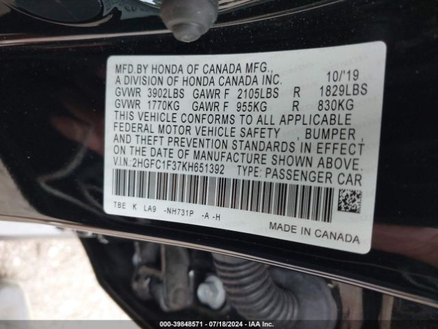 2HGFC1F37KH651392 Honda CIVIC EX