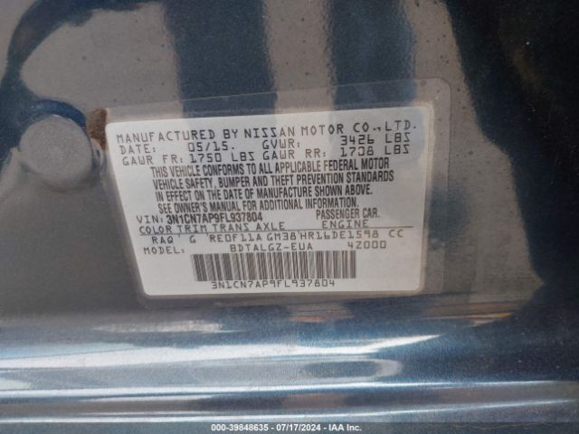 3N1CN7AP9FL937804 Nissan Versa 1.6 Sl